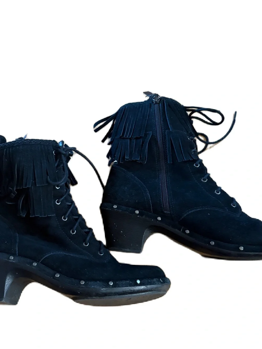 SoftWalk Black Suede Fringe Lace-Up Ankle Boots Zipper Sz 9 Moccasin Leather